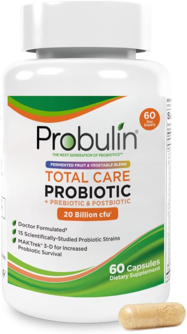 Probulin Total Care Probiotic Supplement, Daily Gut, Digestive, and Immune Health Probiotics Capsules for Men and Women, 20 Billion CFU, Vegan, 60 Count Bottle