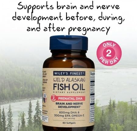 Wiley's Finest Wild Alaskan Fish Oil Prenatal DHA - 900mg EPA and DHA Omega-3s for Pregnant Women and Nursing Mothers - 60 Softgels (30 Prenatal Vitamin Servings)