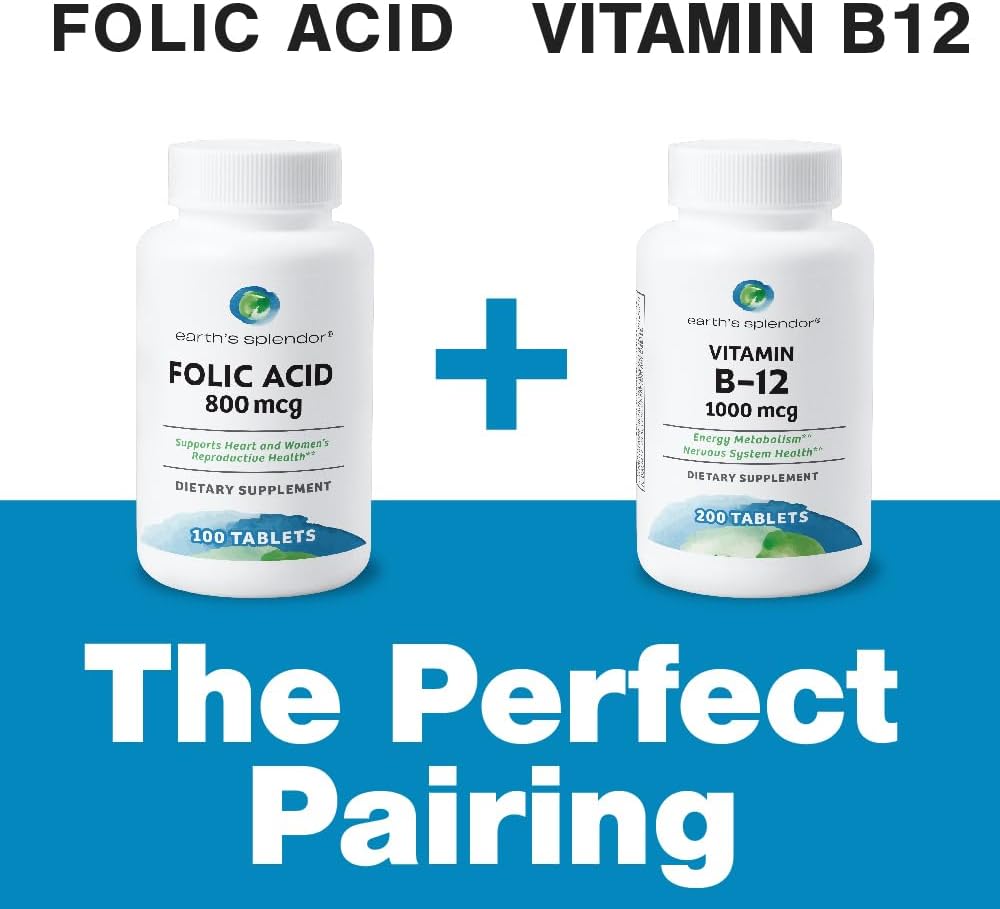 Earth's Splendor Folic Acid 800 mcg Supplement, Supports Heart Health, Supports Women's Reproductive Health, Smooth Coated Tablets (800 mcg, 200 Tablets, Pack of 2)
