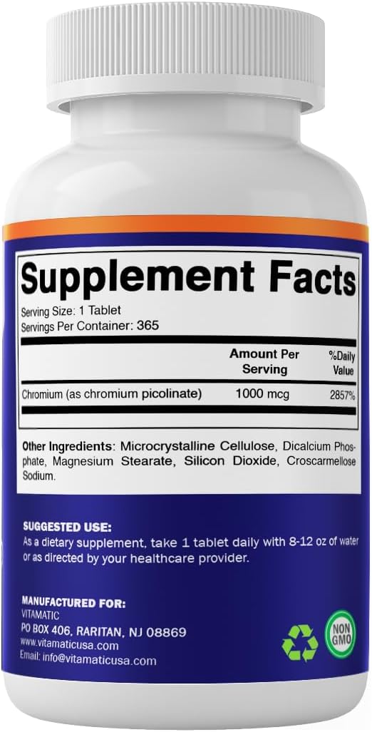Vitamatic Chromium 1000 mcg | 365 Tablets | High Potency Chromium Picolinate | Non-GMO, Gluten Free
