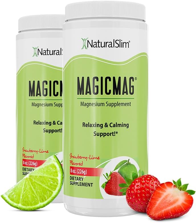 NaturalSlim Magicmag Pure Magnesium Citrate Powder – Stress, Constipation, Muscle, and Heart Support | Natural Strawberry & Lime Flavored Magnesium Supplement - 8oz Drink Mix (2 Pack)