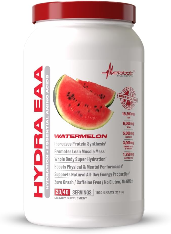 Metabolic Nutrition Hydra EAA, 1000g of Essential Amino Acids + Hydration, EAAs, BCAAs, Glutamine, Electorlytes, Coconut Water & Glycerol, Amazing Flavors (Watermelon, 1000g)