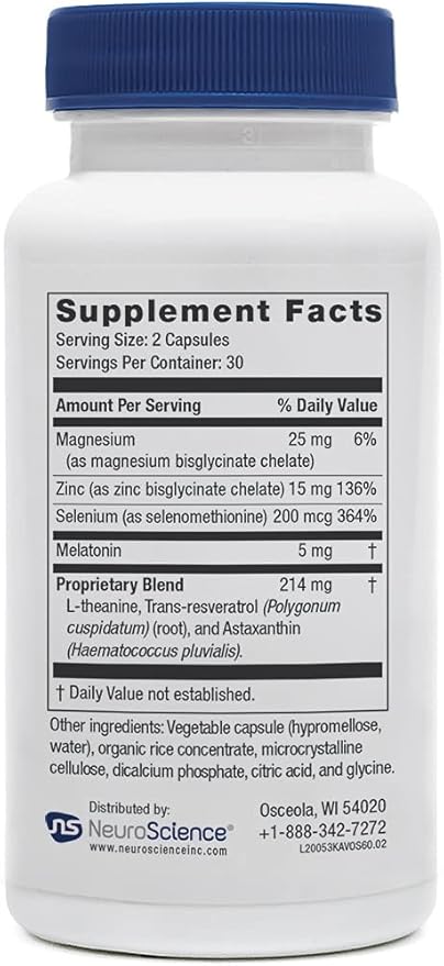 Neuroscience Kavinace OS - Sleep Aid Formula with Melatonin 5mg + L-Theanine - Nighttime Cellular Health Blend for Sleep Efficiency and Immune Support (60 Capsules)