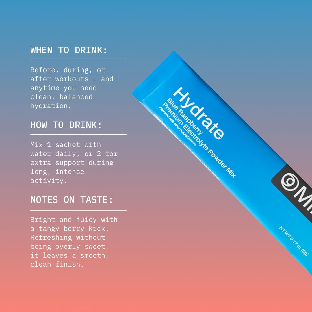 Mikra Hydrate Electrolytes Powder Packets, Sugar Free Hydration Powder Sticks, Naturally Flavored Electrolyte Drink Mix for Needed Hydration Support, Daily Wellness & Workout, Blue Raspberry, 24 Pack