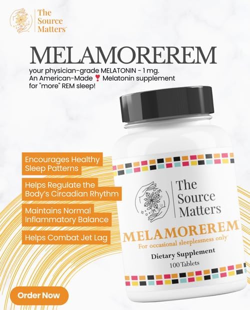 Melamorerem Dietary Supplement | 1mg Melatonin Tablets for Nighttime Routine, Travel Adjustment, Natural Rest, Body Rhythm Balance, and Helps Occasional Sleeplessness (100 Tablets)