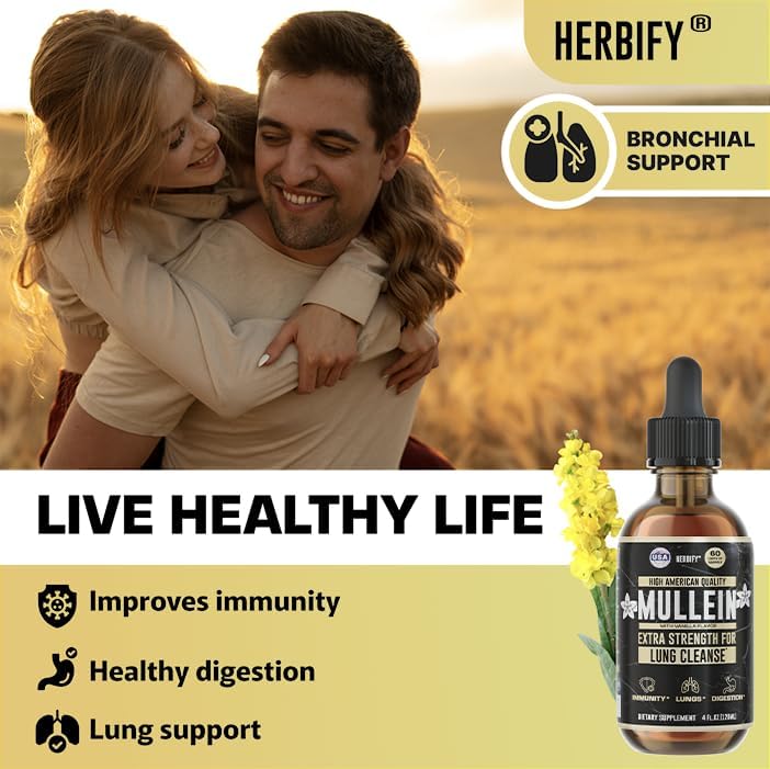 HERBIFY Mullein Drops - Lung Cleanse - Leaf Extract - Powerful Mullein for Immune Support, Detox & Respiratory Support - Made in USA - 4 Oz Vanilla Flavor