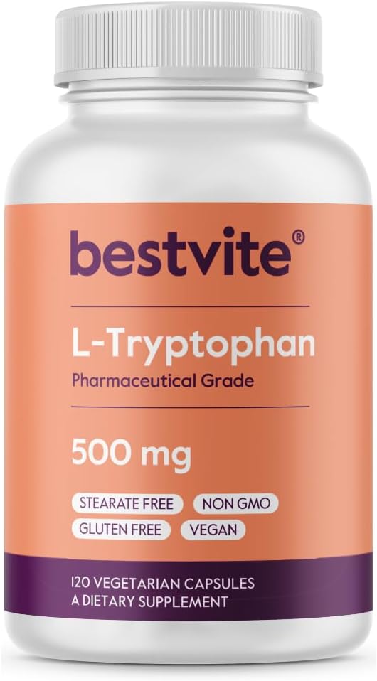 BESTVITE L-Tryptophan 500mg per Capsule (120 Vegetarian Capsules) - No Stearates - No Silica - No Gelatin - Vegan - Gluten Free - Non GMO