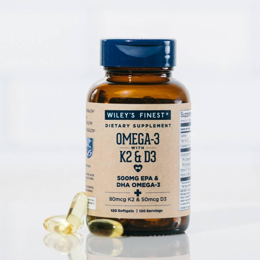 Wiley's Finest Wild Alaskan Fish Oil Vitamin K2 & D3 Softgels - 500mg of EPA and DHA Omega-3s for Bone and Heart Health Support - 120 Softgels (120 Servings)