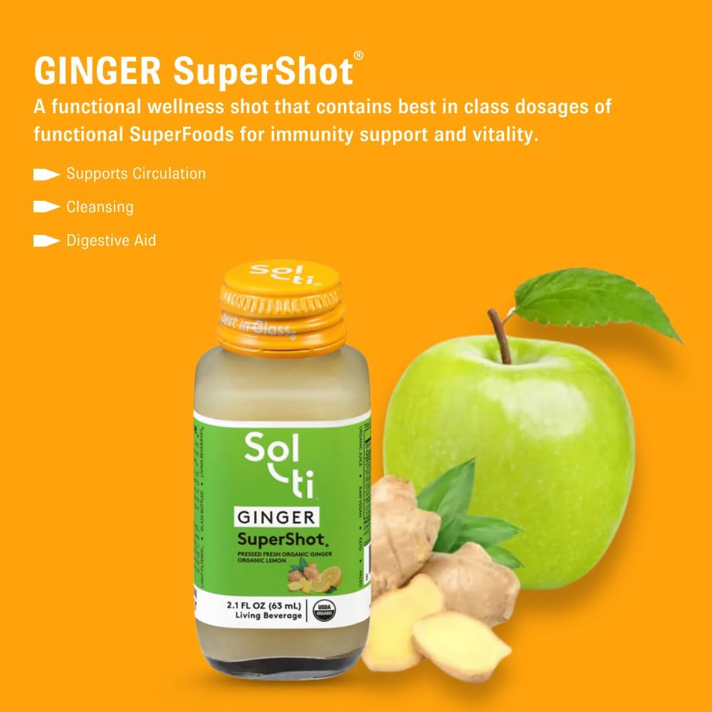 Sol-ti Organic Ginger SuperShot Drink, Aids Digestion, Circulation and Cleansing, SuperFood, Cold-Pressed Apple and Lemon Juice Blend, 12 Pack (2.1 Fl oz)