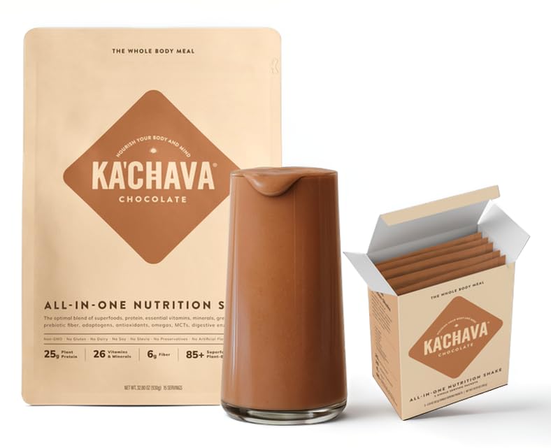 Ka’Chava Whole Body Meal Shake Chocolate – Vegan Protein Powder with 85+ Superfoods & Greens – Plant-Based Meal Replacement with Probiotics & Digestive Enzymes - Bundle: 2lb Bag + 5 Travel Sachets