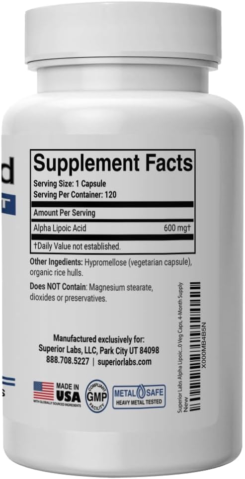 Superior Labs Alpha Lipoic Acid 600 mg Capsules, Pure Non-GMO ALA, High Absorption, Nerve Support, Healthy Circulation and Nerve Response, Healthy Aging Antioxidant, 120 Veg Caps, 4-Month Supply