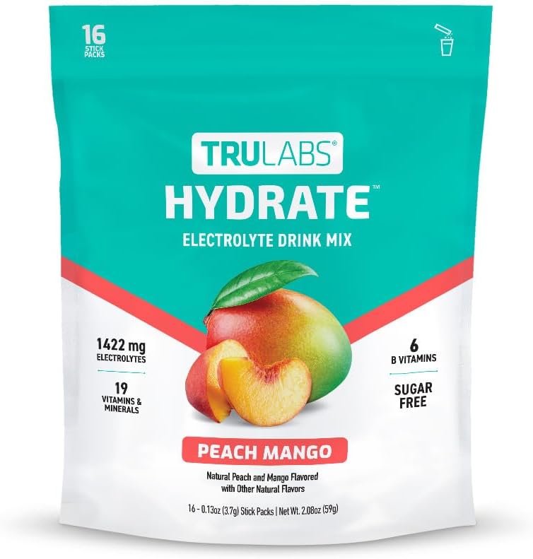 TRULABS Hydrate - Peach Mango. Sugar Free Electrolytes Hydration Packets. Each Serving Contains 1422 mg of Electrolytes &19 Vitamins & Minerals (16 ct)