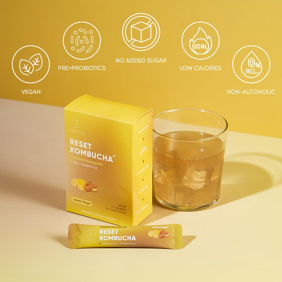 Everydaze Reset Kombucha Tea Powdered Beverage Mix | 10 Sticks | Prebiotics + Probiotics | Vegan | No Added Sugar, Gluten Free, Sparkling Powder Drink Pack (Lemon Ginger)