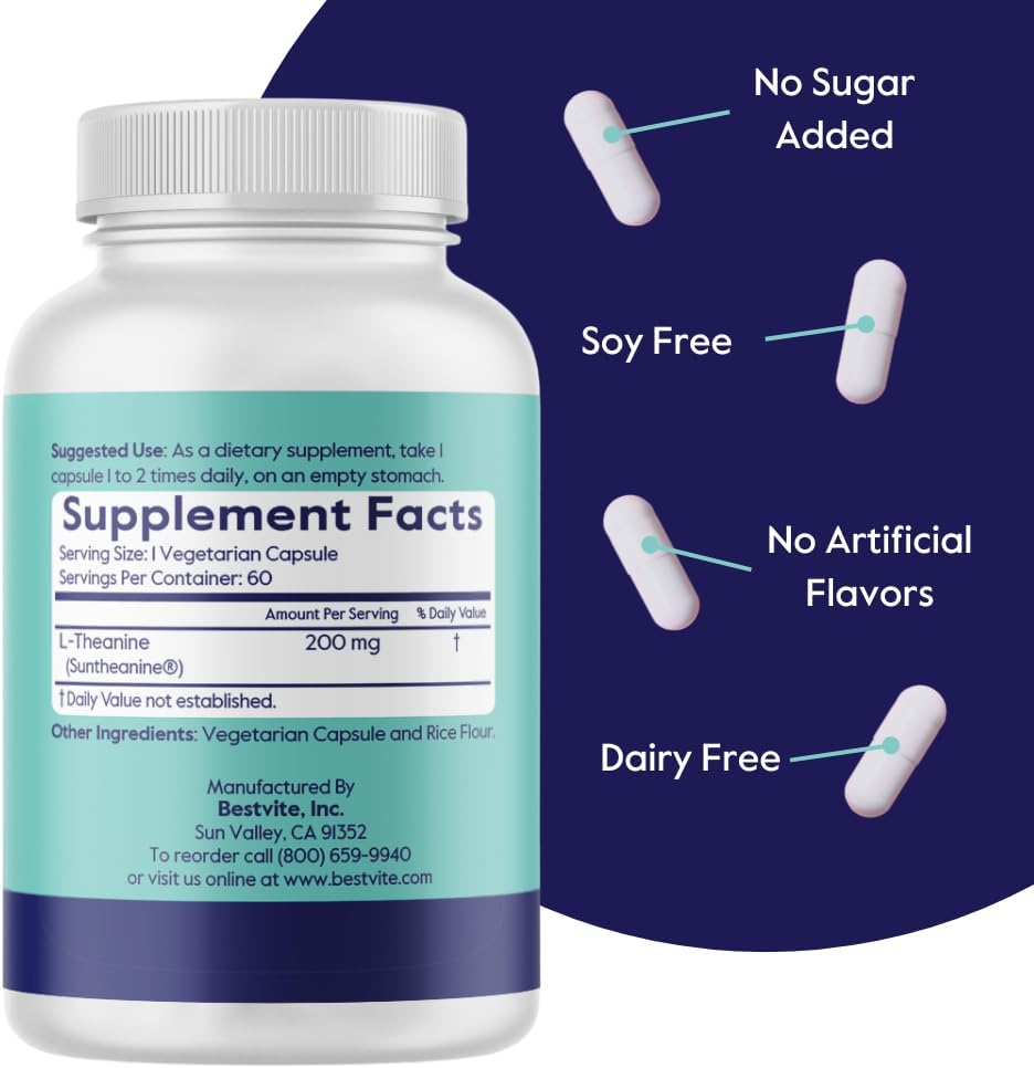 BESTVITE L-Theanine 200mg with Patented and Clinically Studied Suntheanine (60 Vegetarian Capsules) - No Stearates - Vegan - Non GMO - Gluten Free