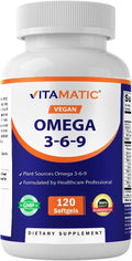 Vitamatic Vegan Omega 3-6-9 Complex 1250mg | Flaxseed, Olive, Borage & Algae Oils | Plant-Based Omegas | 120 Softgels