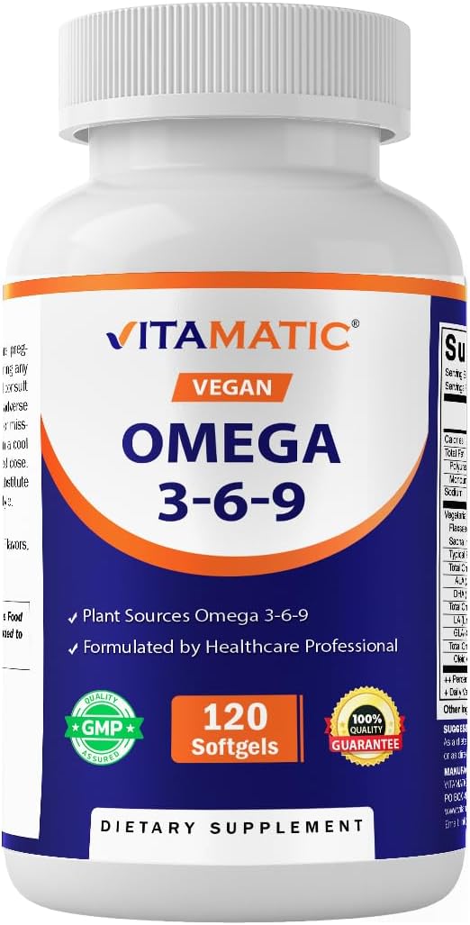 Vitamatic Vegan Omega 3-6-9 Complex 1250mg | Flaxseed, Olive, Borage & Algae Oils | Plant-Based Omegas | 120 Softgels
