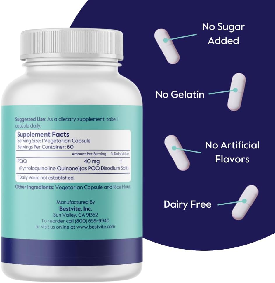 BESTVITE PQQ 40mg (Pyrroloquinoline Quinone) (120 Vegetarian Capsules) (60 x 2) - No Stearates - Vegan - Non GMO - Gluten Free