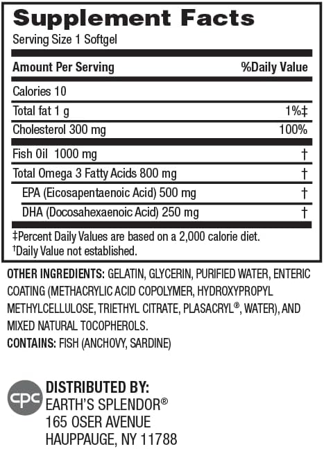 Earth's Splendor Fish Oil Supplement, 120 Softgels, 500mg EPA / 250mg DHA 1000mg, Enteric-Coated, 4 Month Supply