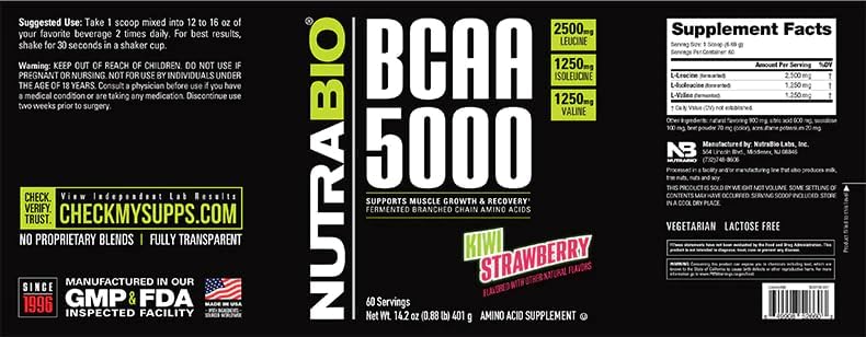 NutraBio BCAA 5000 Powder - Vegan Fermented BCAAs - Supports Lean Muscle Growth, Recovery, Endurance - 60 Servings - Kiwi Strawberry