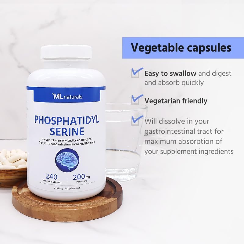 ML Naturals Phosphatidyl Serine 200 mg (Standard) 240 Vegetable Capsules. Supports Memory & Brain Function, Non-GMO, NSF-Certified & cGMP-Compliant