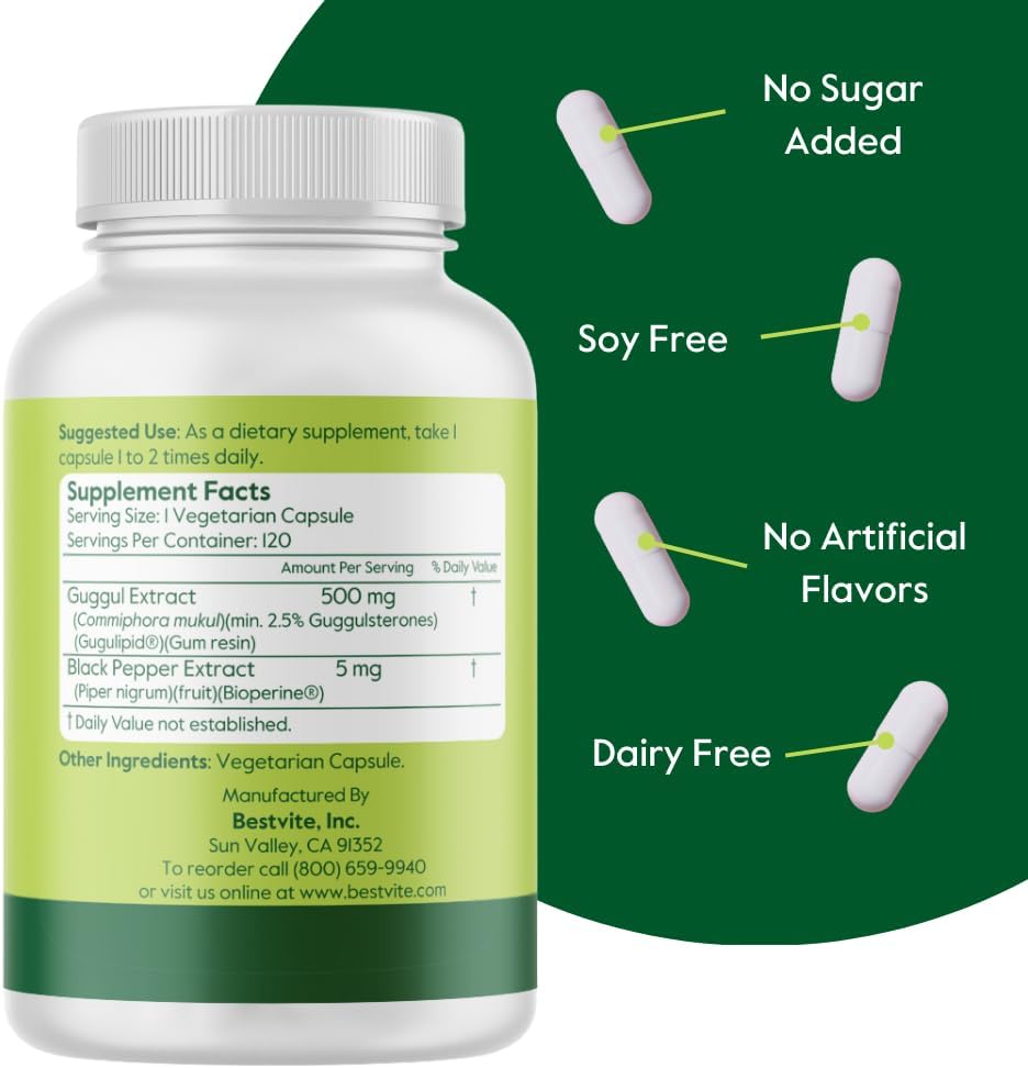 Guggul Extract 500mg (120 Vegetarian Capsules) - Backed by Clinical Research, Patented and Standardized, Enhanced by Bioperine - No Fillers - No Stearates - Vegan - Non GMO - Gluten Free