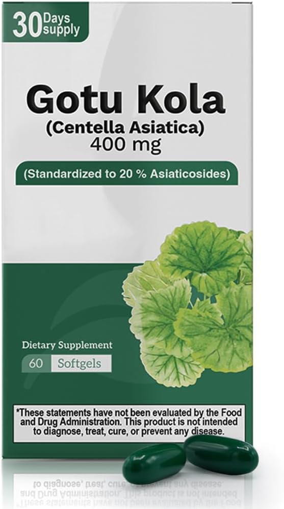 Gotu Kola 400mg – Standardized Centella Asiatica Extract with 20% Asiaticosides – Promotes Cognitive Support, Brain Health & Focus – 60 Softgels – Non-GMO, Gluten-Free Formula