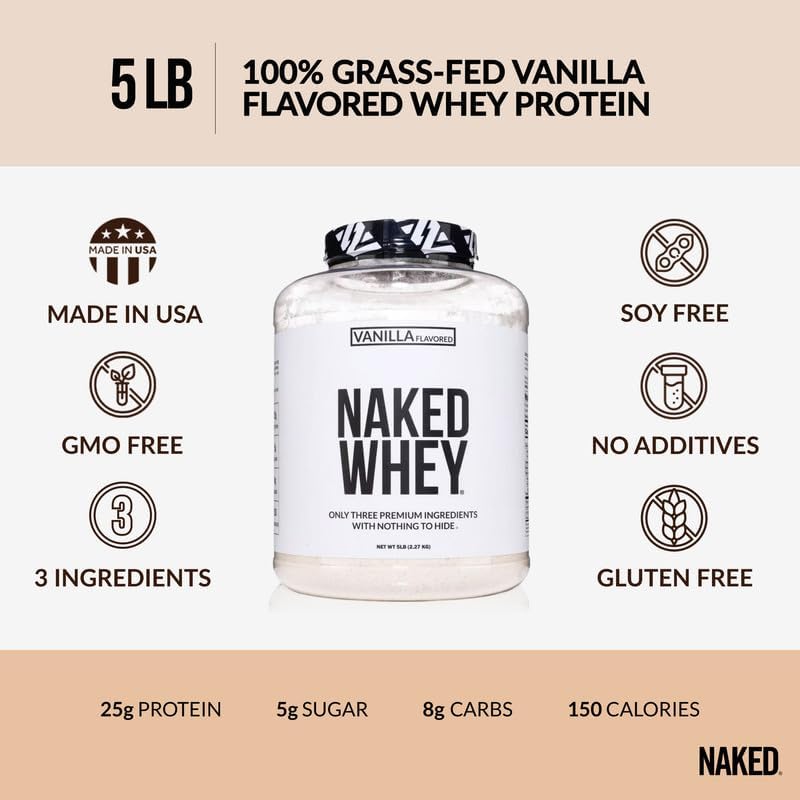 NAKED Vanilla Whey Protein Powder - All Natural Grass Fed Whey Protein Powder, Vanilla Flavor, Organic Coconut Sugar, 5Lb Bulk, GMO-Free, Soy Free, Gluten Free - 61 Servings