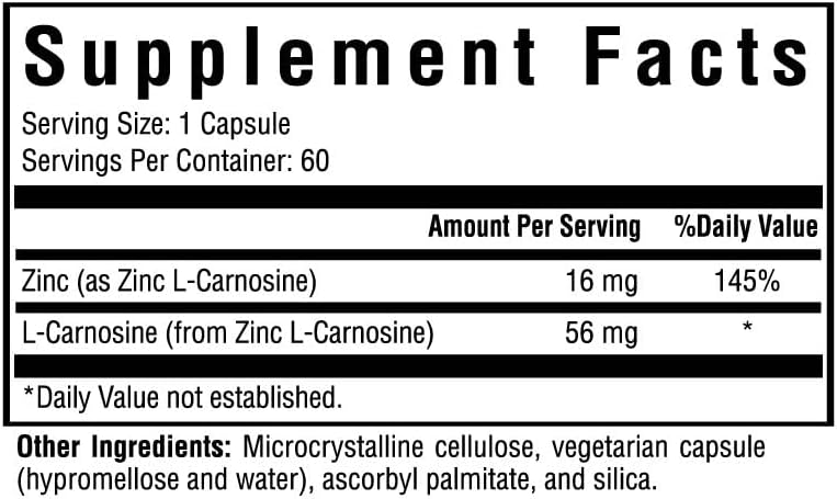 Seeking Health Zinc Carnosine, 16 mg Zinc L-Carnosine, Supports Healthy Immune System and Digestive Health, Antioxidant, Vegetarian and Vegan (60 Capsules)*