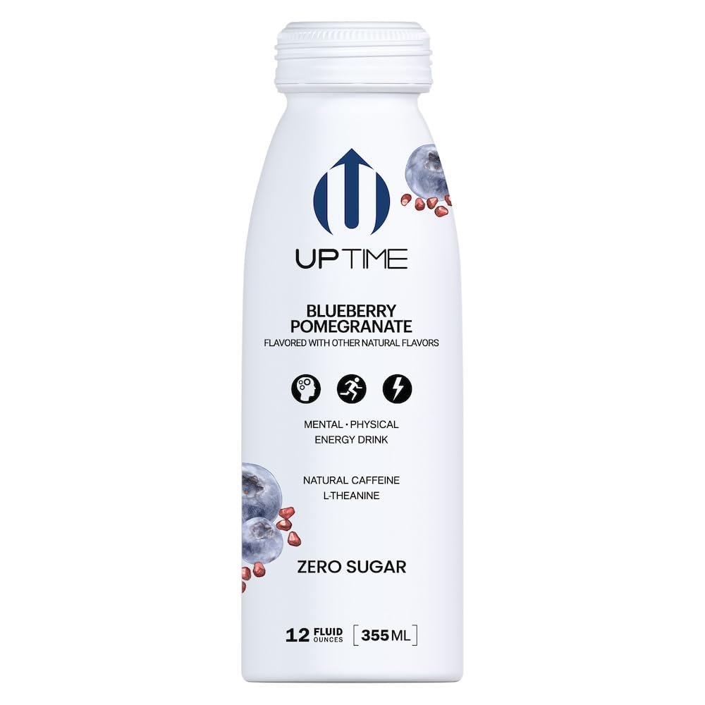 UPTIME Energy Drink, Blueberry Pomegranate, 12 Pack, Vitamin C, L Theanine, Calcium, Sugar Free Energy Drinks for Focus Support, 142mg of Natural Caffeine, 0 Calories, Clean, Natural, 12 fl oz Cans