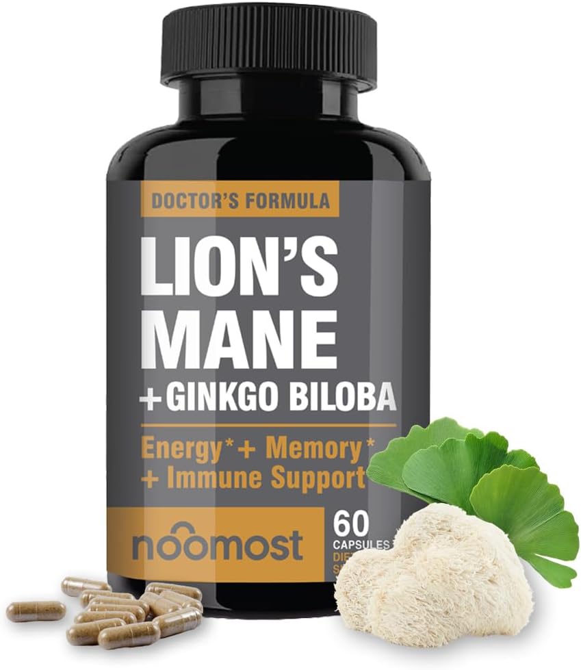 Lions Mane Supplement Organic Capsules - with Ginkgo Biloba - Cognitive Health, Focus & Memory Support - Natural Superfood for Brain, Energy & Immune Health - 60 Capsules - 2 Month Supply