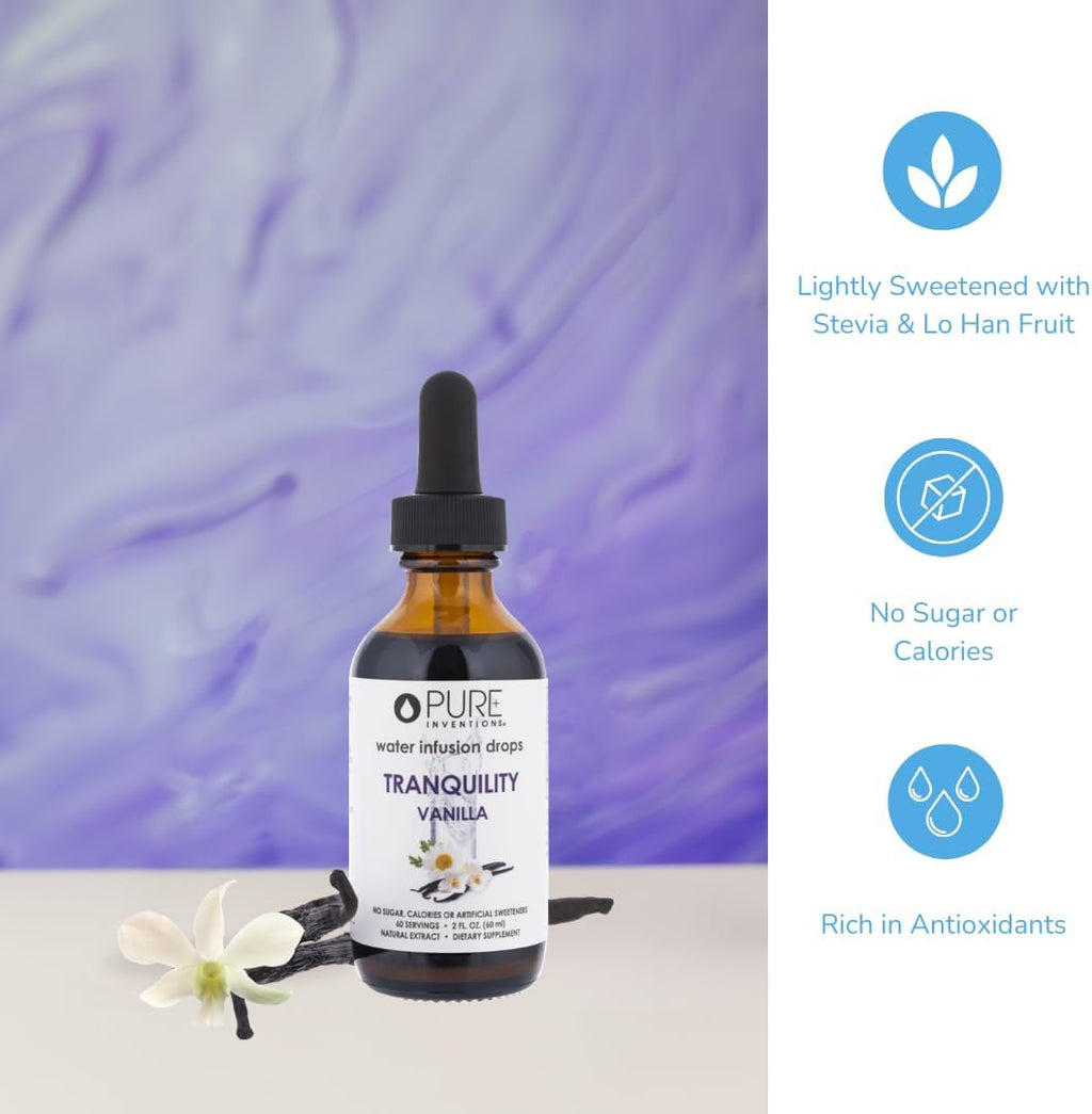Pure Inventions Tranquility - Supports Relaxation - Vanilla and Chamomile - Water Infusion Drops - No Sugar, Calories, or Artificial Sweeteners - 60 servings - 2oz