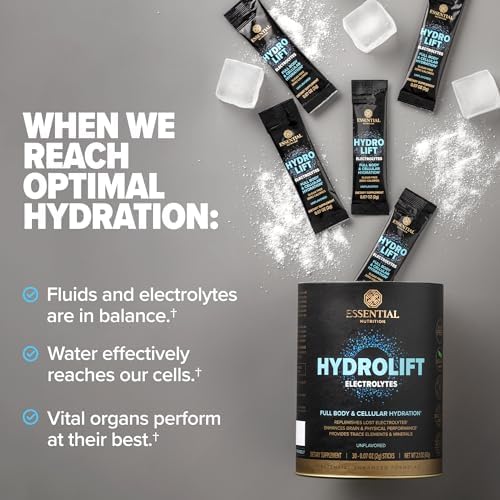 Essential Nutrition Hydrolift Electrolytes - Powerful Hydration Formula - with Trace Elements & Minerals - Keto Friendly - Sugar Free - Unflavored - 30 Sticks