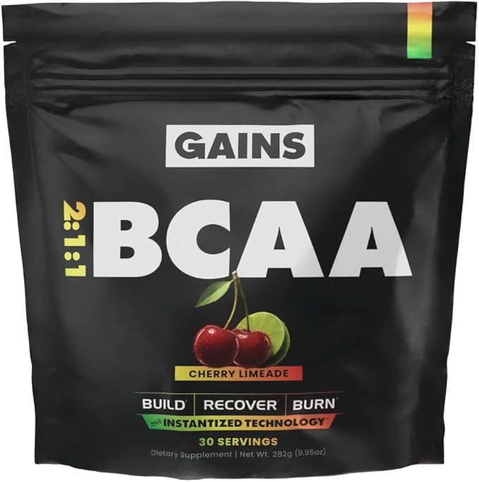 Gains in Bulk BCAA Powder, Pre Workout Plant Based Branch Chain Amino Acids, Gluten Free, Vegan Supplement with Keratin for Endurance & Strength During & Post Workout, Cherry Limeade, 30 Servings