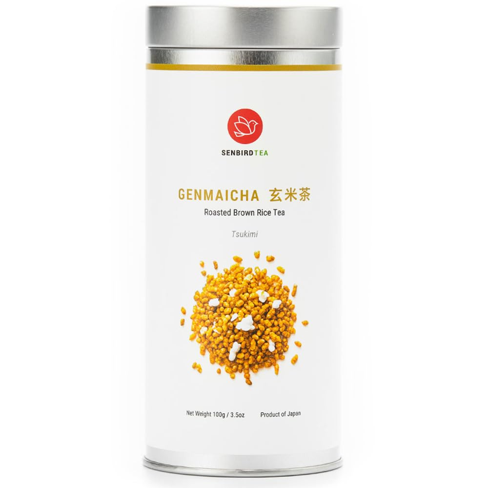 Senbird Premium Genmaicha, Caffeine-Free Japanese Mochi Rice Tea from Hokkaido Japan, Herbal Tea in Airtight Tin, 100g (3.5oz)