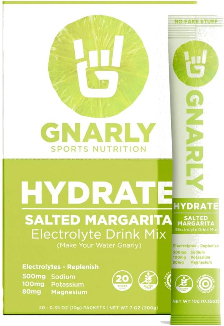 Gnarly Nutrition Hydrate Electrolyte Powder – Salted Margarita Exercise Hydration Drink Mix – NSF Contents Certified – Electrolyte Solution, Performance & Recovery – Salted Margarita, Box of 20 Stick