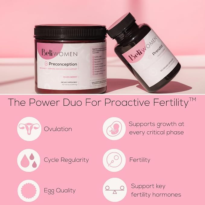 Beli Preconception Supplement for Fertility, Egg Quality, PCOS, Hormones, and Ovulation. Berry Flavored Drink Mix Powder - Support for PCOS & PMS. Made with Inositols, CoQ10, Acai, NAC and More.