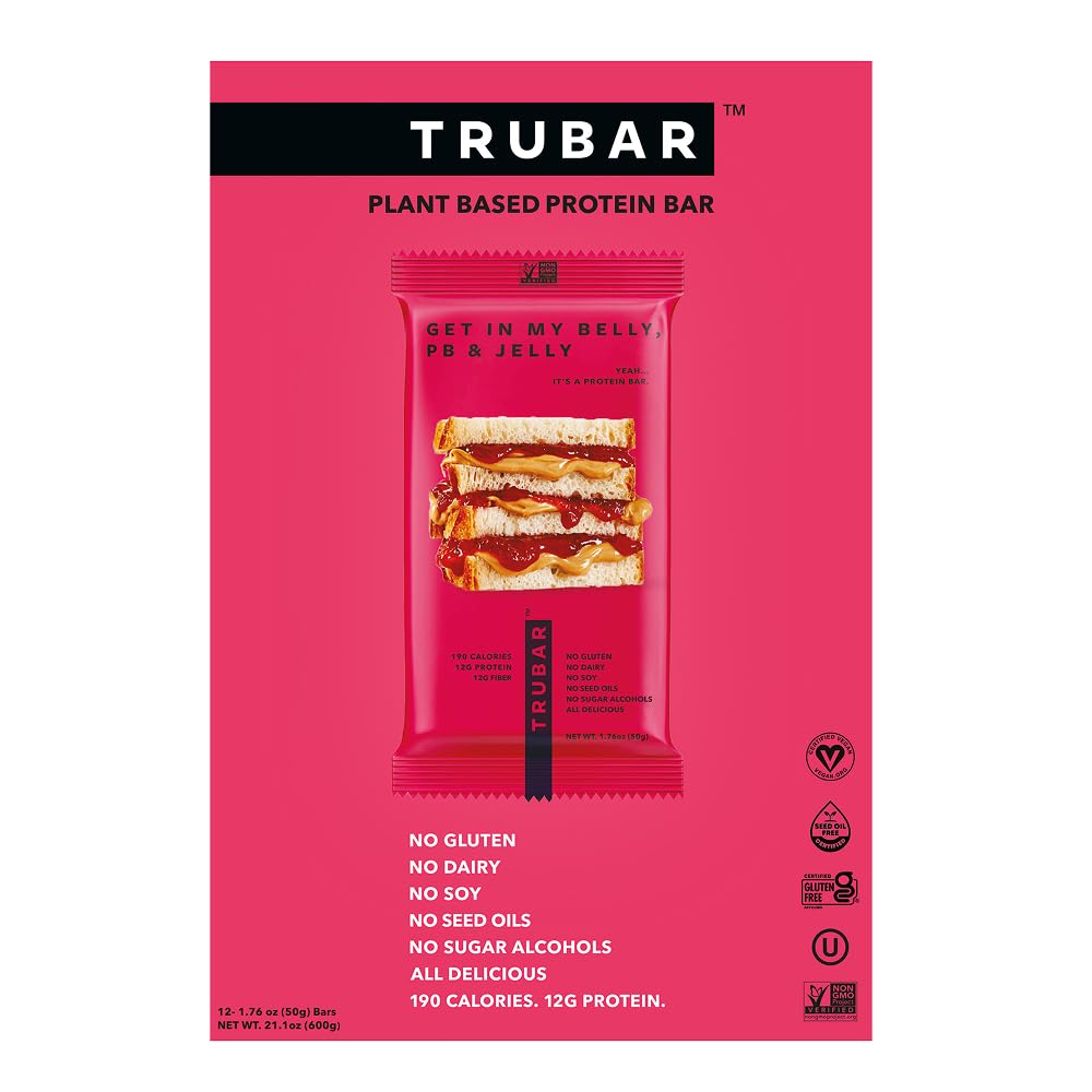 TRUBAR Vegan Protein Bar, Get In My Belly Pb & Jelly, Gluten Free, Plant Based, High Fiber, Dairy Free, Low Fat, Non GMO, No Sugar Alcohols, 12G Lean Protein, 13G Fiber, Healthy Snack Bars, 12 CT