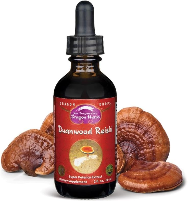 Dragon Herbs Duanwood Reishi Drops • Mushroom Supplement • Mountain Organically Log Grown • Triple Extractions • for Immunity, Sleep, Heart, Liver, Stress, Super Potency Fast Acting • 2 fl oz, 60 mL