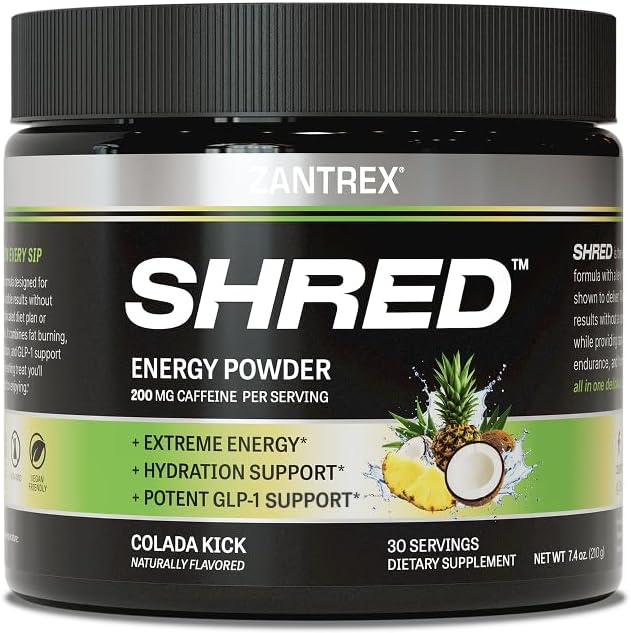 Zantrex Shred – Clean Energy Drink Powder – GLP-1 Support Supplement – Appetite Support, Weight Management, Hydration Support, Fat Burning, Metabolism Support - 200mg Caffeine - Colada Kick, 30 SVG.