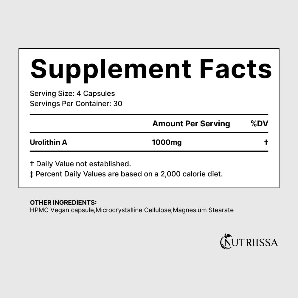 Nutriissa Urolithin A 1000mg - Advanced Cellular Rejuvenation, Muscle Strength - EPEB Certified for Purity & Potency - Vegan, 120 Capsules