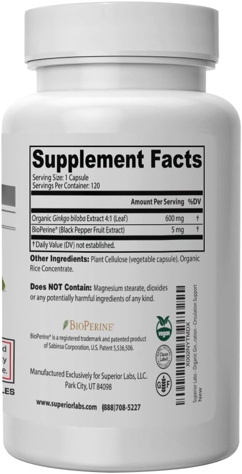 Superior Labs Ginkgo Biloba 1200 mg, Non-GMO, Black Pepper for Increased Absorption, Ginkgo Extract, Improves Memory & Focus, Circulation Booster, Natural Antioxidant Nootropic, 120 Veg Caps
