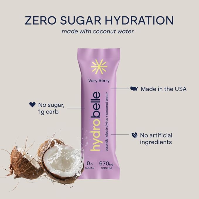 Belle HydroBelle Electrolyte Powder Drink Mix, Very Berry, Sugar Free Hydration Packets Made with Coconut Water and Electrolytes, Vegan, Keto, and Dairy Free, Travel Friendly, 32 Count