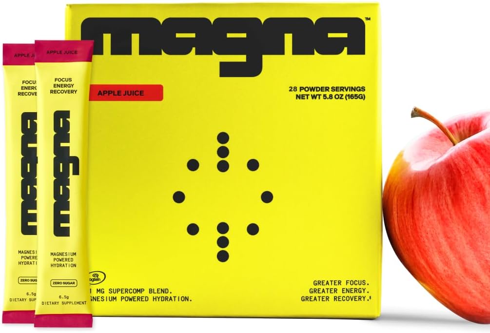 MAGNA Electrolytes Powder Drink Mix for Hydration, Energy & Focus Support with Magnesium L Threonate, Malate & Glycinate, Sodium, Potassium, Vitamin D, B6 & B12, Apple Juice Flavor, 28 Servings