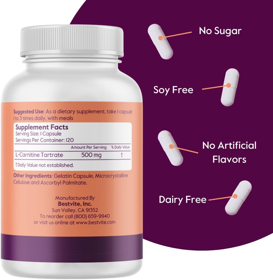 BESTVITE L-Carnitine Tartrate 500mg per Capsule (120 Capsules) - No Stearates - Non GMO - Gluten Free