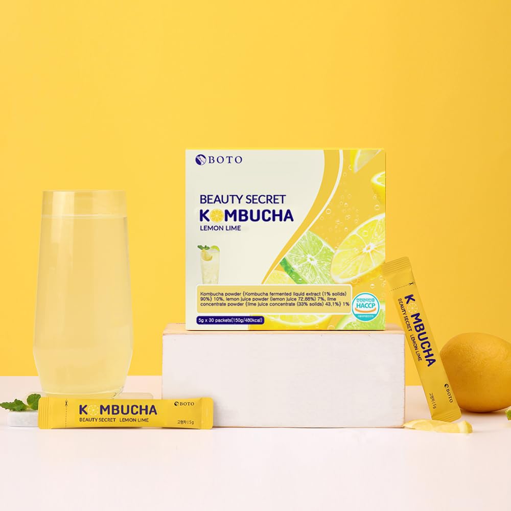 BOTO Kombucha Tea Organic Drink Sugar Free, Keto, Vegan, Low Calorie, Detoxifying Acids, Supports Gut Health, Non-GMO, Vegan, Gluten Free, Sparkling - Lemon Lime Tea - 30 of Pack