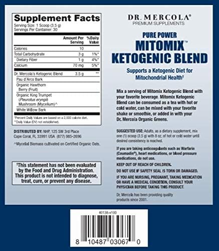 Dr. Mercola MITOMIX Ketogenic Blend PAU d’Arco and Organic King Trumpet Mushroom, 30 Servings (3.7 oz.) 1 Bag, Non GMO, Soy Free, Gluten Free