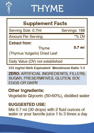 Secrets of the Tribe Thyme Alcohol-Free Liquid Extract, Thyme (Thymus Vulgaris) Dried Leaf Tincture Supplement (4 FL OZ)