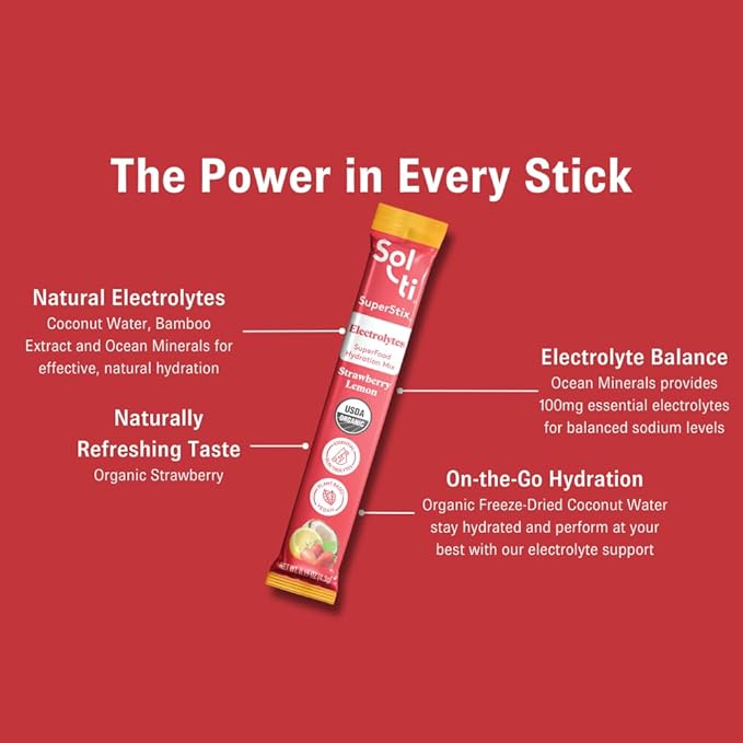 Organic Electrolytes + Hydration Drink Mix, Superfood Hydration Sticks, SuperStix by Sol-ti, Non-GMO, Vegan, Strawberry Lemon, 14 Single-Serving Sticks