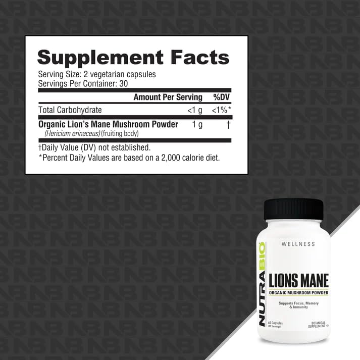 NutraBio Lions Mane Supplement Capsules- Organic Lion's Mane Mushroom Powder (500mg)- Focus, Memory, Immunity - 60 Vegetable Capsules