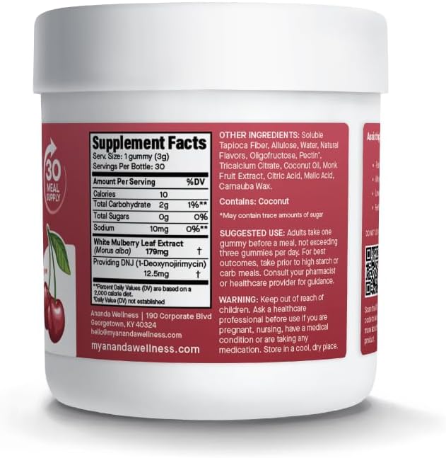 GLP-1 Support Gummies with White Mulberry Leaf Extract – Carb & Glucose Metabolism Support, 0g Sugar, Vegan, Non-GMO, Sweetened with Monk Fruit – Cherry Flavor, 30 Count
